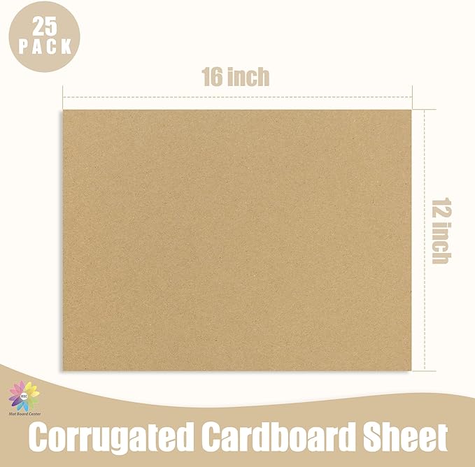 Mat Board Center, 25 Pack 12x16 Brown Cardboard sheet, 1/8 inch thick, Flat Corrugated Cardboard Inserts for Packing, Shipping, Mailing, Cardboard Backing, Art Craft Card Board