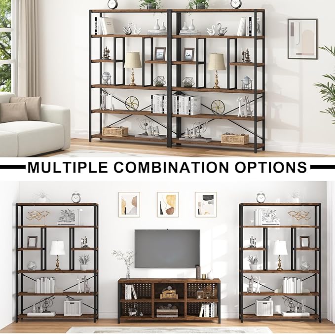 LVB Rustic Bookcases and Book Shelves, Metal Wood 6 Tier Bookshelf and Book Rack Storage, Industrial Vertical Display Etagere Book Case 6 Shelf, Vintage Large Book Shelf for Bedroom Living Room, Brown