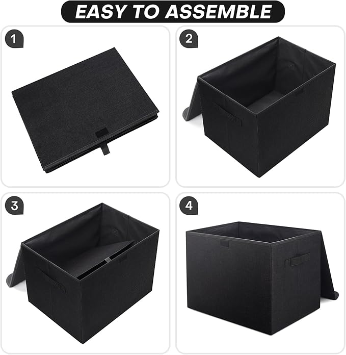 Large 22 Quart Linen Fabric Foldable Storage Bin Cube Organizer Basket with Flip-Top Lid & Handles, Clothes Blanket Box for Home, Office, Closet, Black, 4 Pack 14.6 x 9.5 x 9.5”