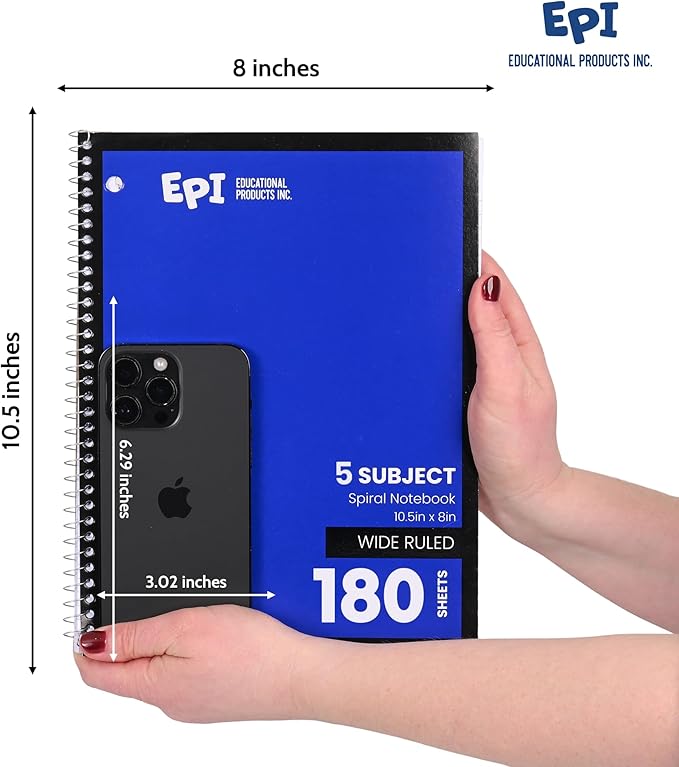 EPI Spiral Notebook | 5 Subject - Wide Ruled - 180 Sheets, Durable Spiral Binding | 10.5 x 8 in | Classroom Supplies | School, Office, Note Taking, Journaling - 6 Pack