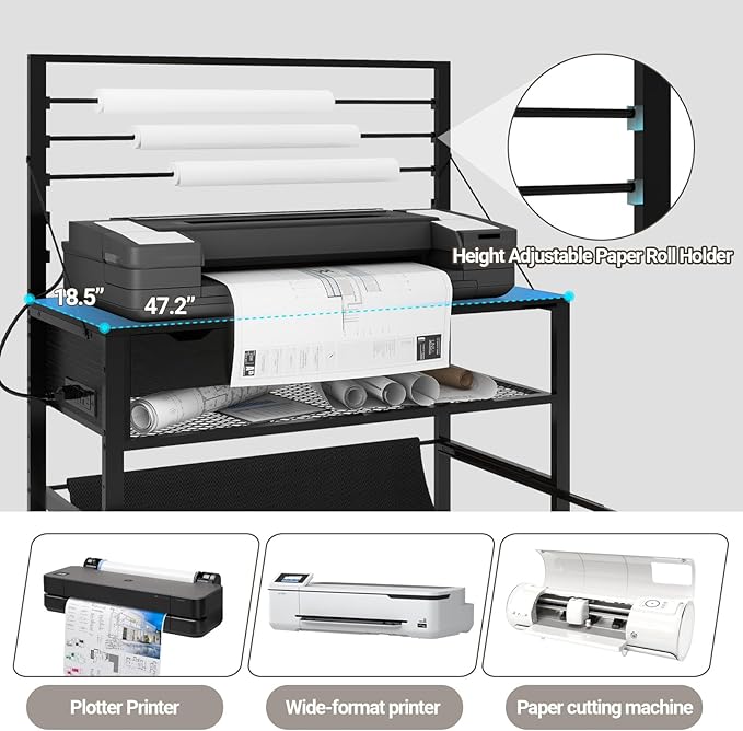 Natwind Wide Format Printer Stand, Plotter Workbench Table with Pull-Out Drafting Storage, Roll Paper Holder, Accessory Drawer, Adjustable Storage Shelf for Plotters and Cutting Machines (Black)