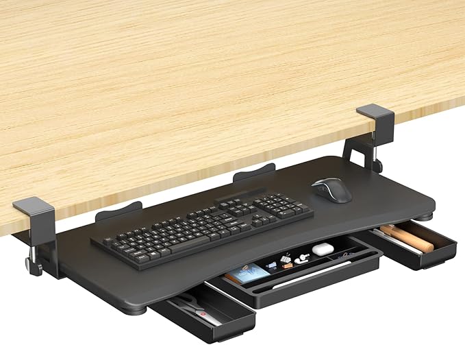 suptek Under Desk Keyboard Tray with Storage Drawer – 26.7" x 11.8" Large Workspace, Heavy-Duty C-Clamp Mount, Adjustable Height, Easy Installation – Perfect for Home Office, DSF6CT