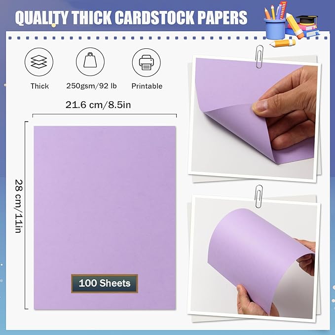 MixTeach 100 Sheets A4 Purple Cardstock 8.5 x 11 Inch Thick Cardstock Paper 250gsm/92lb Double Sided Purple Card Stock Printer Paper for Cards Making, Crafts, Scrapbook, Invitations, Drawing, Printing