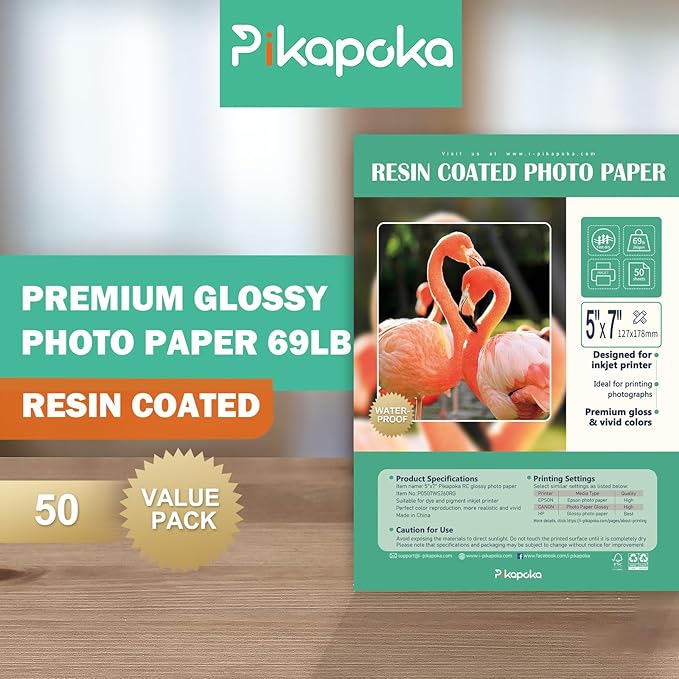 Ultra-Premium Glossy RC Photo Paper, Professional and Heavyweight Metallic Resin Coated Photo Paper, Pigment and Dye Inkjet Printer Suitable, Waterproof, 5x7, 50 Pack
