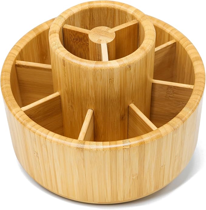 VaeFae Bamboo Pen Holder Organizer, 360° Rotating Art Supply Organizer, Desktop Storage for Marker Pens, Colored Pencil, Art Brushes, etc.