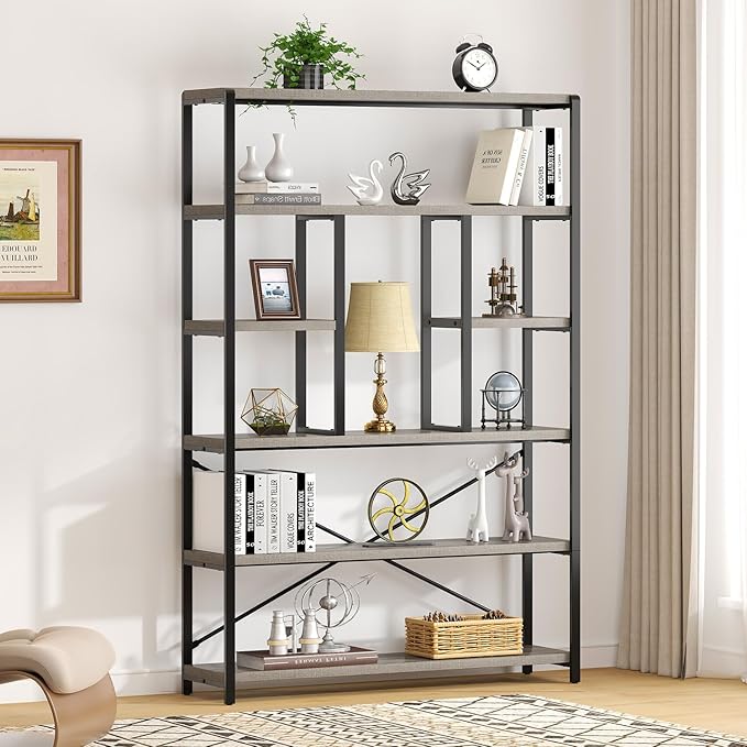 LVB Industrial 6 Tier Bookshelf, Large Tall Open Rustic Vintage Etagere Bookcase, Gray Big Wide Modern Farmhouse Wood and Metal Book Shelf for Home Bedroom Living Room Office Storage, Light Grey Oak