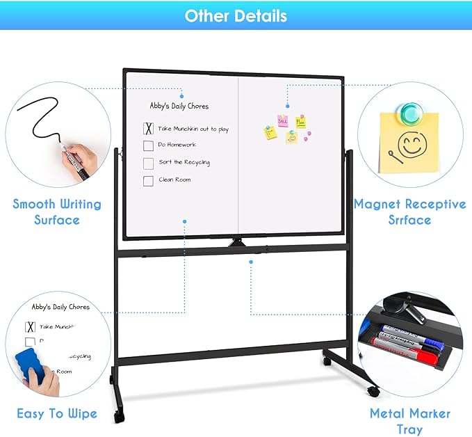 maxtek Rolling Whiteboard, 48x36 Large Magnetic White Board with Stands, Big Double-Sided White Board Dry Erase on Wheels for Homeschool, Home Office, Office, School (Black, 48 x 36)