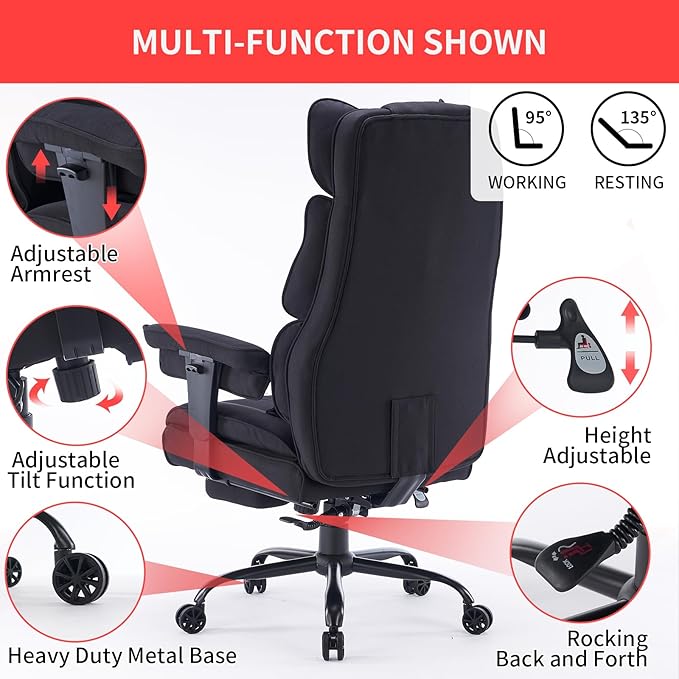 Efomao Big and Tall Office Chair 400 lb Weight Capacity, High Back Executive Office Chair with Foot Rest, Fabric Computer Chair for Back Pain Relief, Black