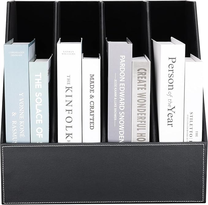 KINGFOM 4-Slot Wood Leather Document Files Holder Rack Stand Desk Files Organizer Papers Collection Cabinet (4 slot Black)