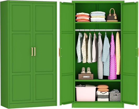 Greenvelly Metal Storage Wardrobe Cabinet with Lock, 71" Green Metal Wardrobe Closet for Hanging Clothes with Doors and Shelves, Modern Steel Clothes Closet for Home, Office and Bedroom, School,Gym