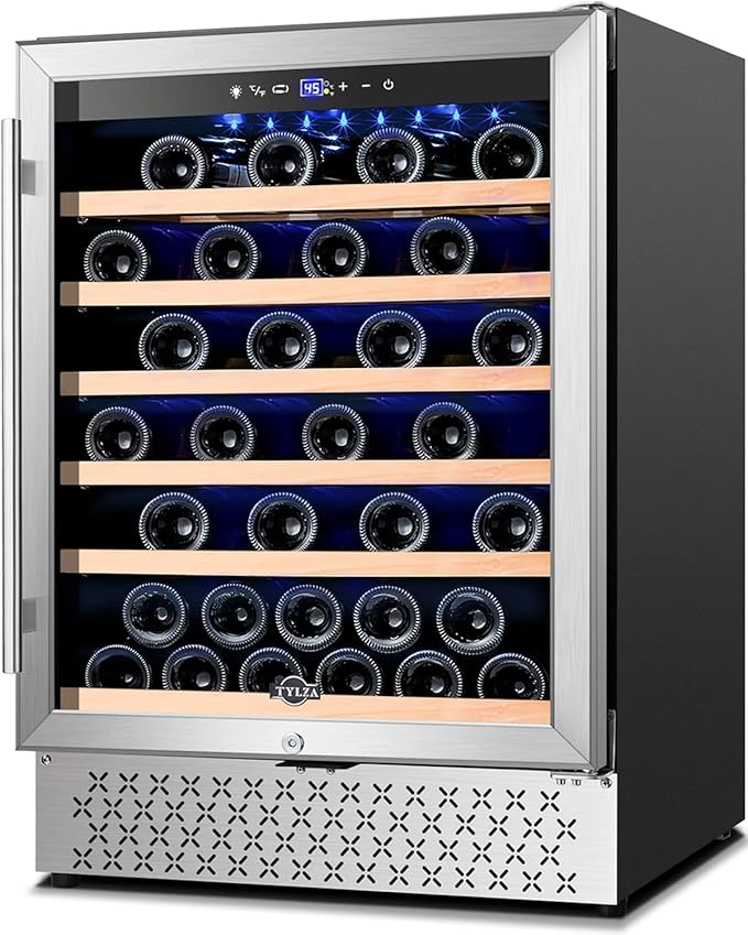 Tylza 24 Inch Wine Cooler Refrigerator, 51 Bottle Built-in or Freestanding, 24'' Fridge with Stainless Steel & Double Layer Tempered Glass Door and Temperature Memory Function