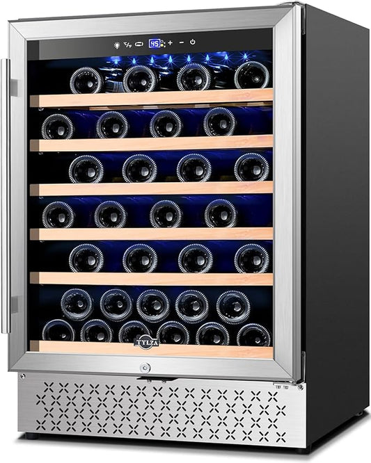 Tylza 24 Inch Wine Cooler Refrigerator, 51 Bottle Built-in or Freestanding, 24'' Fridge with Stainless Steel & Double Layer Tempered Glass Door and Temperature Memory Function