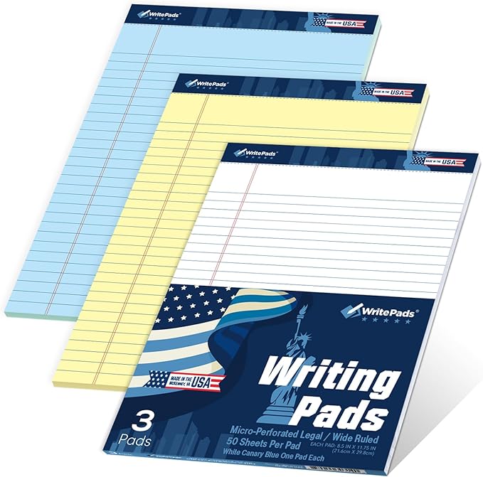 KAISA Legal Pads Large Wide Ruled Writing Pad, 8.5"x11.75" Note Pads 50 Sheets Per Pad, Ruled Paper Notepads, 20 lb Heavy Paper, Rigid Back lined Pads,3pads White Canary Blue,BK-3140,Made In The USA