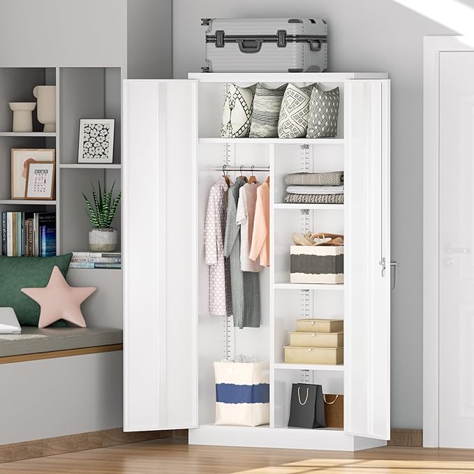 Greenvelly Metal Storage Wardrobe Cabinet with Lock, 72" White Metal Wardrobe Closet for Hanging Clothes with Doors and Shelves, Modern Clothes Closet for Home, Office and Bedroom, School,Gym
