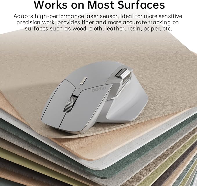 Rapoo MT760 Multi-Device Wireless Mouse, Bluetooth 5.0 and 2.4G Multi-Mode Connection, Up to 4 Devices, 11 Programmable Buttons, 4K DPI, 90 Days Battery Life, PC, Light Grey