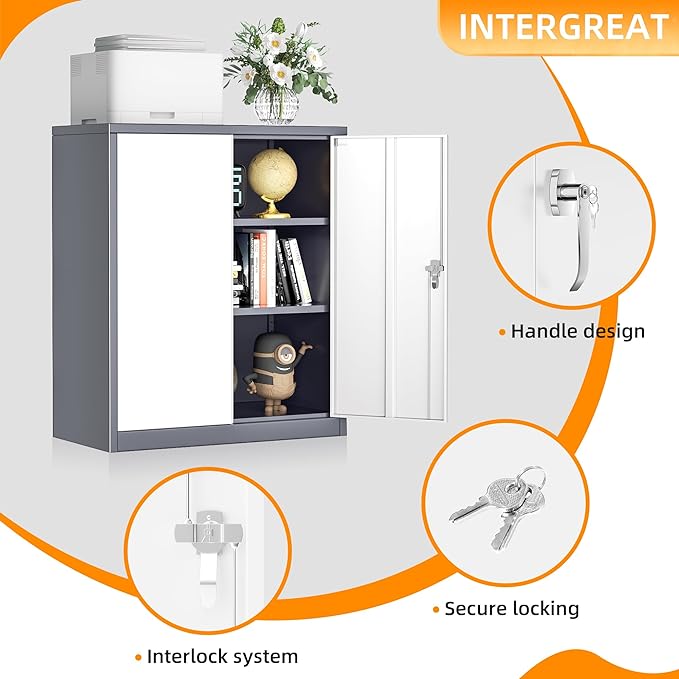 INTERGREAT Metal Cabinet with Lock, Lockable Metal Storage Cabinets with Doors and Shelves for Garage, Grey White Locking Garage Storage Cabinets 36"×32"×16"