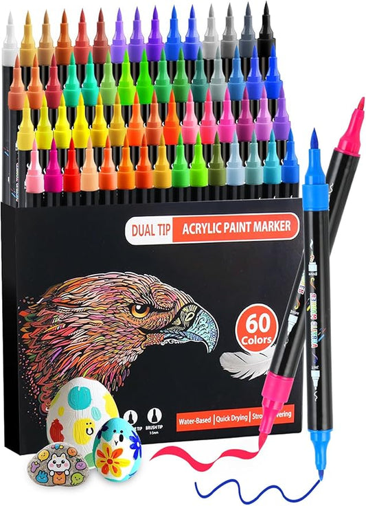 60 Colors Acrylic Paint Markers, Dual Tip Acrylic Paint Pens with Brush and Fine Tips for Kids, Adults, Wood, Canvas, Stone, Rock Painting, Glass, Ceramic Surfaces, DIY Crafts Making
