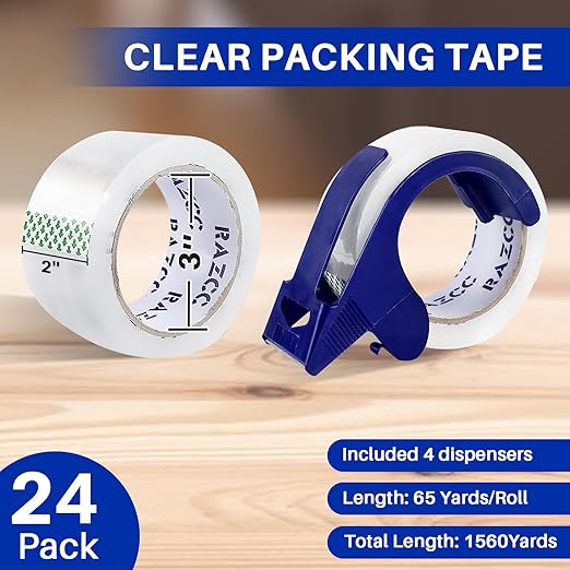 Clear Packing Tape, 24 Rolls Heavy Duty Packaging Tape with Dispensers for Packing Shipping Moving and Sealing, Thicker Packing Tape-2" x 65 Yards Per Roll, 1560 Total Yards