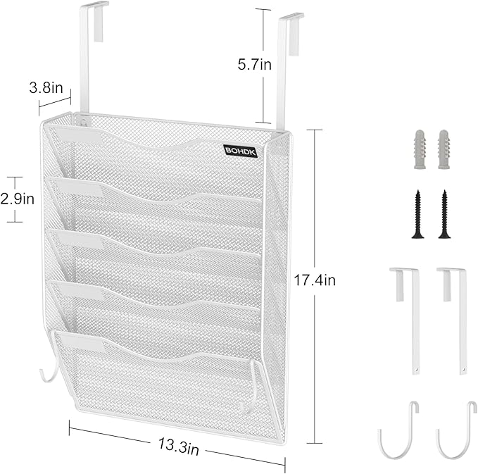 Wall File Organizer, 5 Tire Hanging File Folder Organizer, Vertical Mesh Metal Door/Wall Mount Hanging File Holder, Paper Document Magazine Rack with Hooks for Home Office White