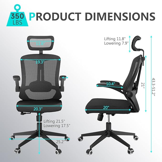 Comfy Office Chair, Home Ergonomic Desk Chairs, High Back Gaming Mesh Computer Chair with Wheels, Lumbar Support, Adjustable Headrest, Flip-up Armrest 350LBS Capacity
