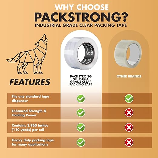 Packstrong Industrial Grade Clear Packing Tape 6 Rolls - 110 Yards per Roll - 3" Wide x 2.0 mil Thick, Acrylic Adhesive Heavy Duty Tape for Box Office Moving Packaging Shipping