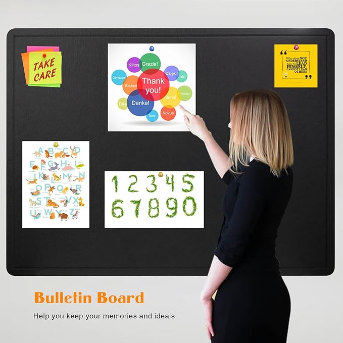 Large Bulletin Board, 48 X 36 inches Felt Board Notice Pin Board, 4' x 3'Cork Board Alternative for Wall, Self-Adhesive Vision Board Mood Board Foldable Photo Board with 30 Pushpin (Black)