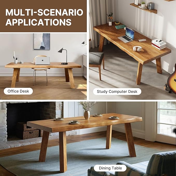 Solid Wood Desk 55 inches, Wood Computer Desk,Home Office Desk Wooden Rustic Writing Desk Modern Simple Design,Ideal for Study, Writing, Dining