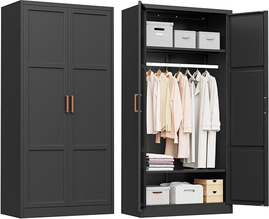 INTERGREAT Metal Storage Cabinet with Hanging Rail, Black Armoire Wardrobe Closet with 2 Doors,72" H Storage Closet Cabinets with Adjustable Shelves and Removable Hanging Rods