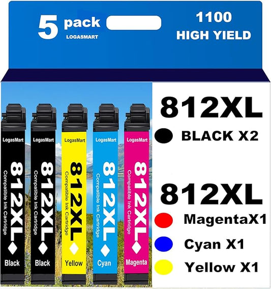 812XL Remanufactured for Epson 812XL Ink cartridges Combo Pack for Epson 812 T812 XL for Epson Workforce Pro WF-7840 WF-7820 WF-7310 EC-C7000 Printer 5 Pack 2 Black 1 Cyan 1 Magenta 1 Yellow