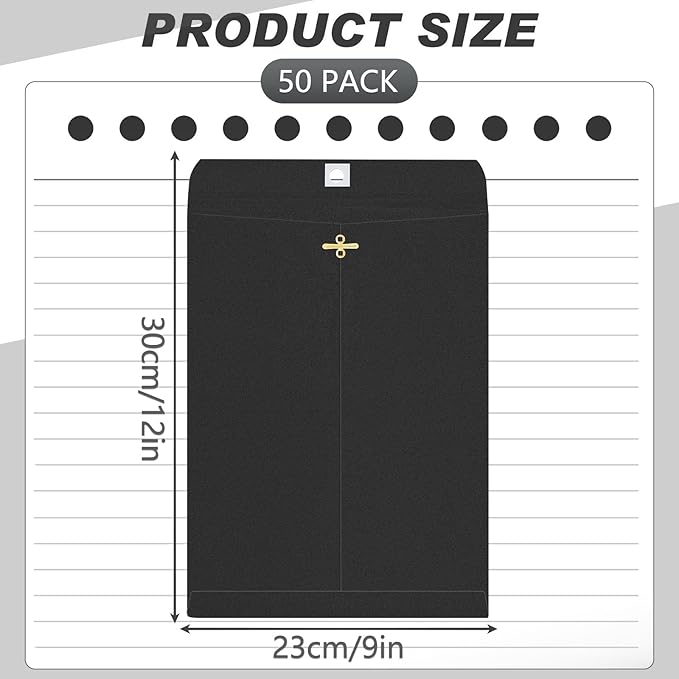 Geyee 50 Pcs 9 x 12 Inch Black Clasp Envelopes Letter Size Mailing Envelopes with Clasp Closure for Filing Storing Documents Office Home Business School