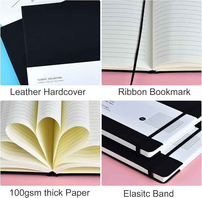 3 Pack B5 Journal Notebooks Classic College Ruled Notebooks Hardcover Lined Journals for Office Home School Business Writing Note Taking, 10.2 x 7.5 inch, 100GSM Thick Paper, 160 Pages (Black)