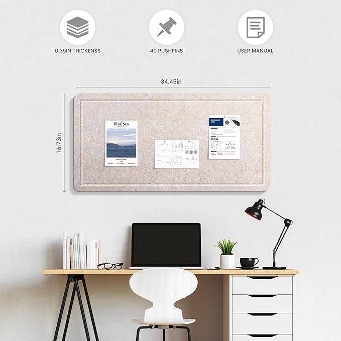 Large Bulletin Board, 35 X 17 Inches Felt Cork Board with 40 Pushpins, Foldable Felt Notice Pin Board Photo Display Board with Self-Adhesive Tape for Office Home School