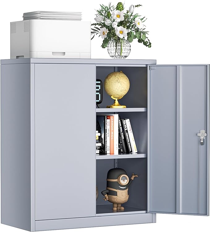 INTERGREAT Metal Cabinet with Lock, Lockable Metal Storage Cabinets with Doors and Shelves for Garage, Cement Grey Locking Garage Storage Cabinets 36"×32"×16"