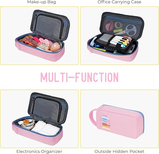 ECHSRT Big Pencil Case, Aesthetic Portable Zipper Pencil Bag with Hidden Pocket, Special Pouch for Men Women Adults, Stationery Organizer Pen Cases for Office Travel, Pink