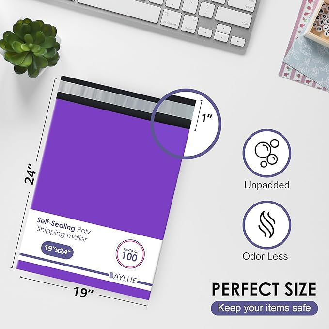 Purple Large Poly Mailers 19x24 Inch | Strong Adhesive Self-Seal Mailer Bags | Tear, Tamper, Water Resistant Shipping Envelopes | Thick Strong polymailer Bags XL Clothing Shipping Bags | 100 Pcs Bulk
