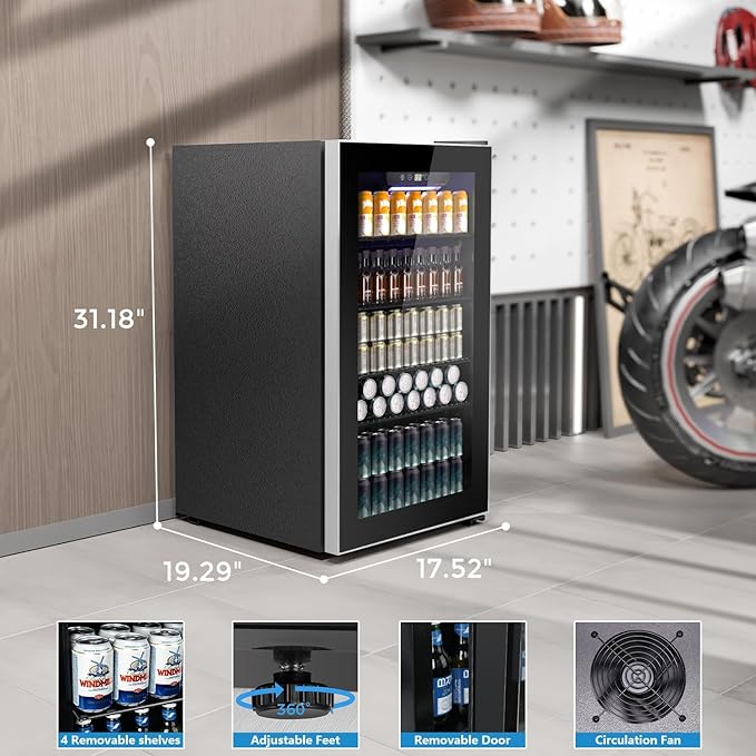 Kndko Beverage Refrigerator Cooler - 130 Can Mini Fridge with Adjustable Shelves, Glass Door, Digital Temperature Control, LED Lighting, Energy Efficient for Home, Office, Bar - 3.2 Cu.Ft, Black