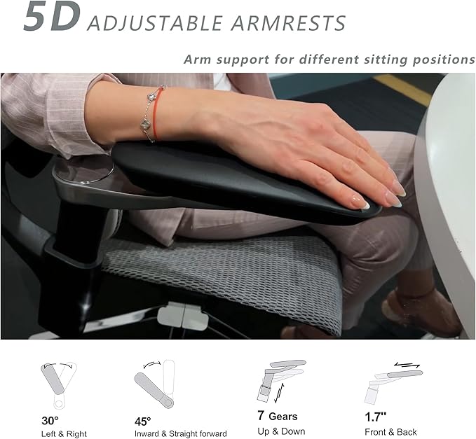 Ergonomic Office Chair, Mesh Home Office Desk Chair with Adjustable Lumbar Support, Gaming Chair with Headrest, 5D Armrest,90-130°Tilt, BIFMA Certified, Model Zen (Grey)