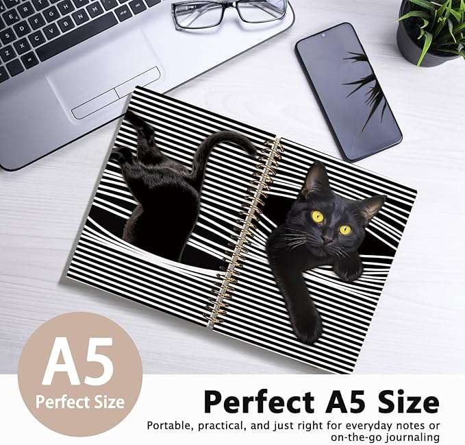Funny Black Cat Notebook Journal, Cat Lover Gifts for Women Men, Funny Peeking Spiral Notebook for Work, Black Cat Gifts for Girls, Cat Notepad 5.5x8.3 Inch
