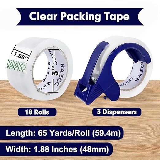 Packing Tape, 18 Rolls Clear Heavy Duty Packaging Tape with Dispensers for Packing, Shipping, Moving and Mailing, Thicker Sealing Tape-1.88" x 65 Yards Per Roll, 1170 Total Yards