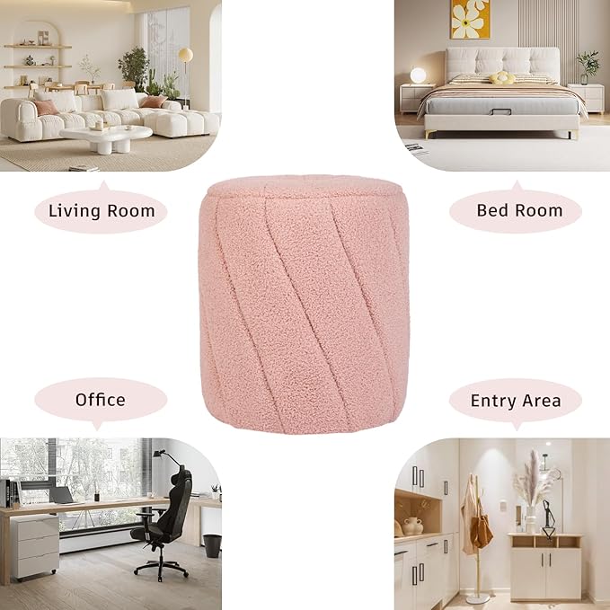 Modern Round Ottoman, Spiral-Tufted Foot Stool Ottoman, Teddy Fleece Upholstered Vanity Stool for Makeup, Bedroom, Living Room, Pink
