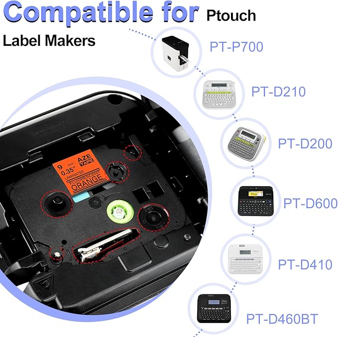 2 Pack Compatible for Ptouch TZe-B21 TZ-B21 TZe TZ Label Tape 9mm 0.35'' Laminated Black on Fluo Orange Label Maker Tape for PT-9700PC PT-1880 PT-1230PC PT-1280 PT-1800 PT-1830