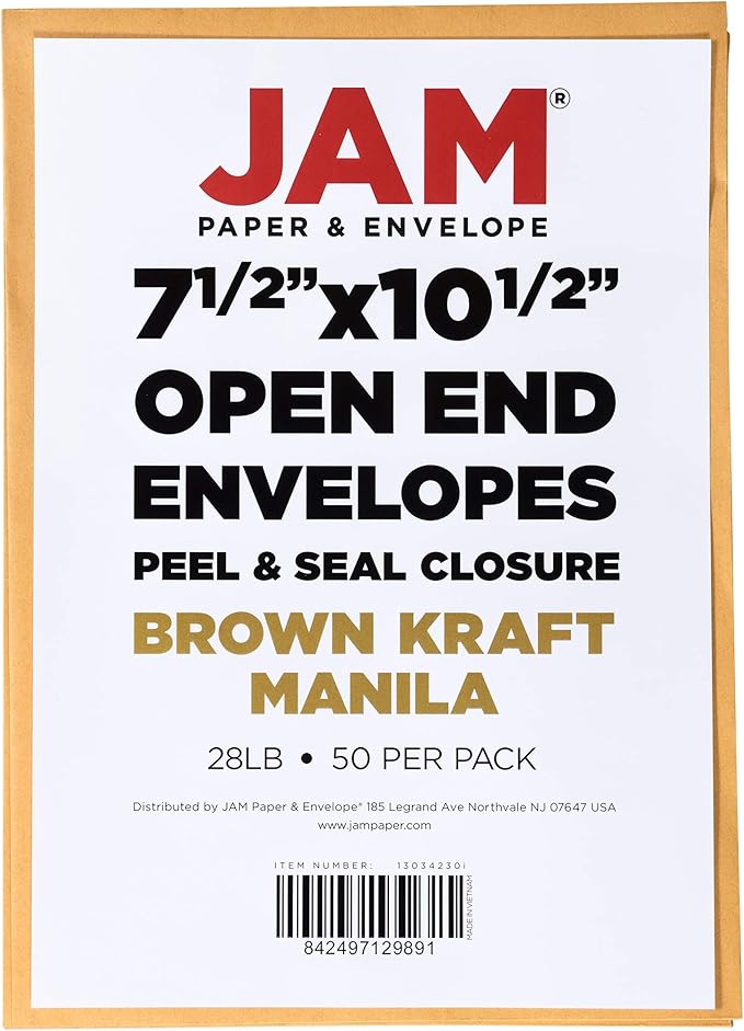 JAM PAPER 7 1/2 x 10 1/2 Open End Catalog Envelopes with Peel and Seal Closure - Brown Kraft Manila - 50/Pack