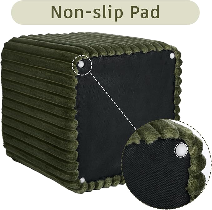 Modern Square Ottoman, Vertical Channel Tufted Foot Stool Ottoman, Velvet Upholstered Vanity Stool for Makeup, Bedroom, Living Room, Dark Green