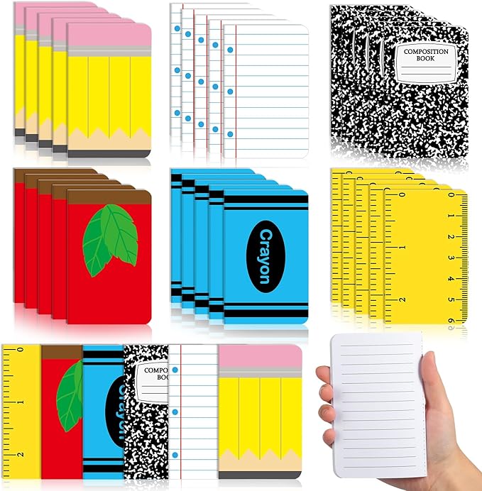 48 Pack Back to School Party Favor Mini Composition Books Small Pocket Size Crayon Pencil Apple Teacher Appreciation Notebooks for Students First Day of School Gift Favors Classroom Prize 5x3 Inch