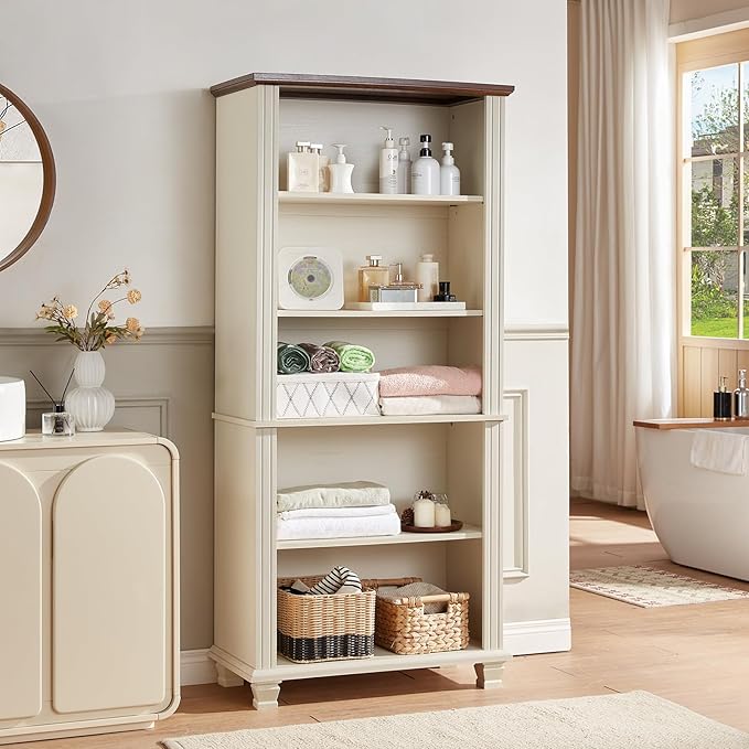 70" Tall White Bookshelf,5 Tier Wood Book Shelf with Adjustable Shelves & Wood Legs,Free Standing Farmhouse Bookcase with Open Display Storage,Vintage Kids Bookshelves for Nursery,Bedroom