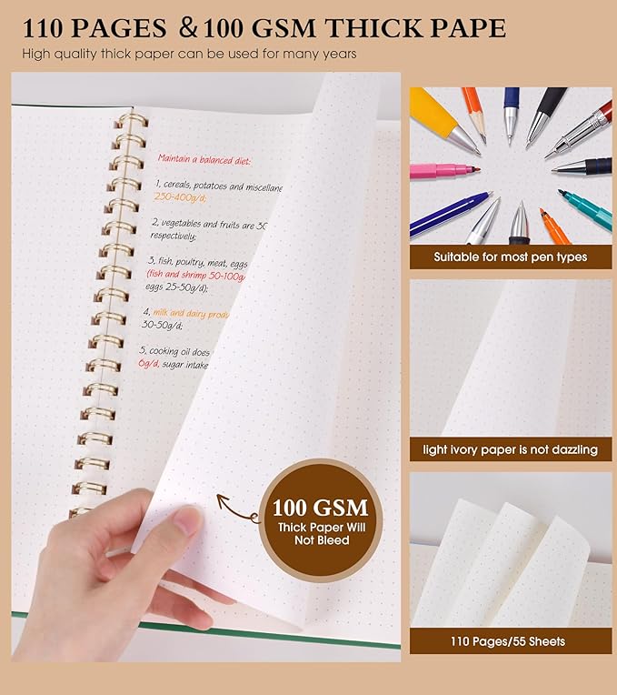 Dotted Notebook, Spiral Notebook Journal 8.5” x 11”, A4 Large Dot Grid Notebooks for Women Men, 100 GSM Dotted Paper, Plastic Hardcover Spiral Bullet Journals for Work School Sketching, Green