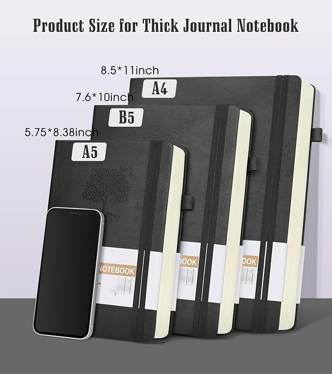 Lined Journal Notebook, 365 Pages A4 Large Journals for Writing Ruled Notebook, Hardcover Leather Journal for Women Men, Daily Notebook for Work, Note Taking, 100Gsm Thick Paper (8.5" x 11" Blcak)