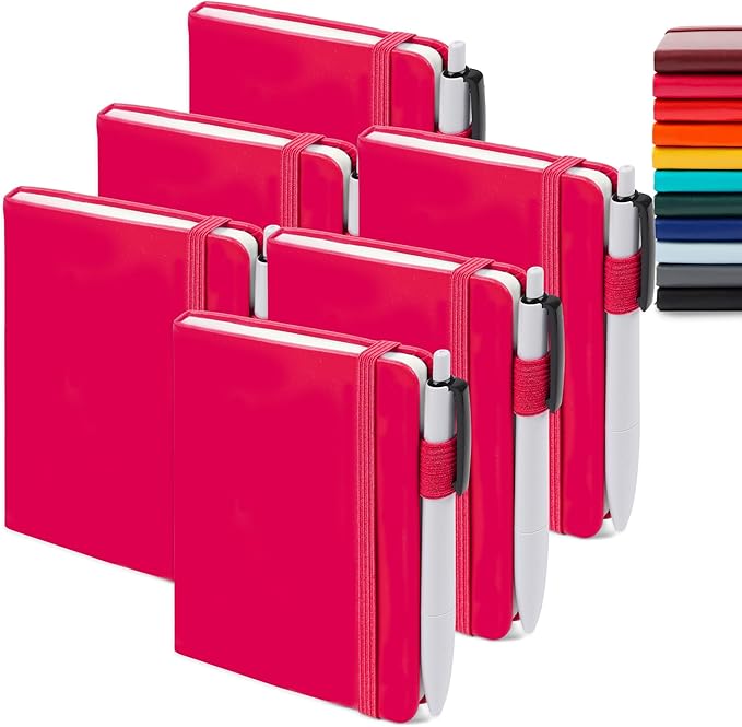 feela 6 Pack Pocket Small Notebooks Bulk, Mini Cute Memo Notepads Hardcover College Ruled Lined Journals with Pen Holder for Women Girls Office School, with 6 Black Pens, 3.5”x 5.5”, A6, Berry