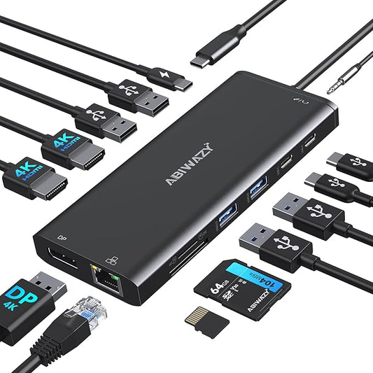 USB C Docking Station 3 Monitors USBC Hub Laptop Dual Monitor Multiport Adapter Dock Dongle,USBC to 2 HDMI,4K DisplayPort,PD Charging,Ethernet,7 USB-C/A Ports,SD/TF,Audio for Dell/HP/Lenovo(Black)