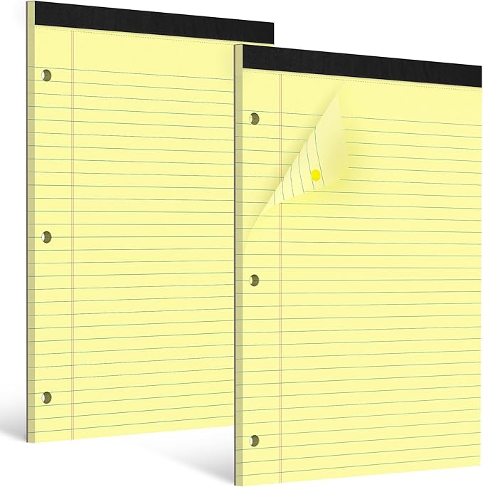 HAUTOCO 8.5 x 11 Legal Pads 2 Pack Yellow Wide Ruled Lined Writing Note Pads Perforated Notepad, 30 Sheets Per Notepad, 3-Hole Punched Paper for School, Office